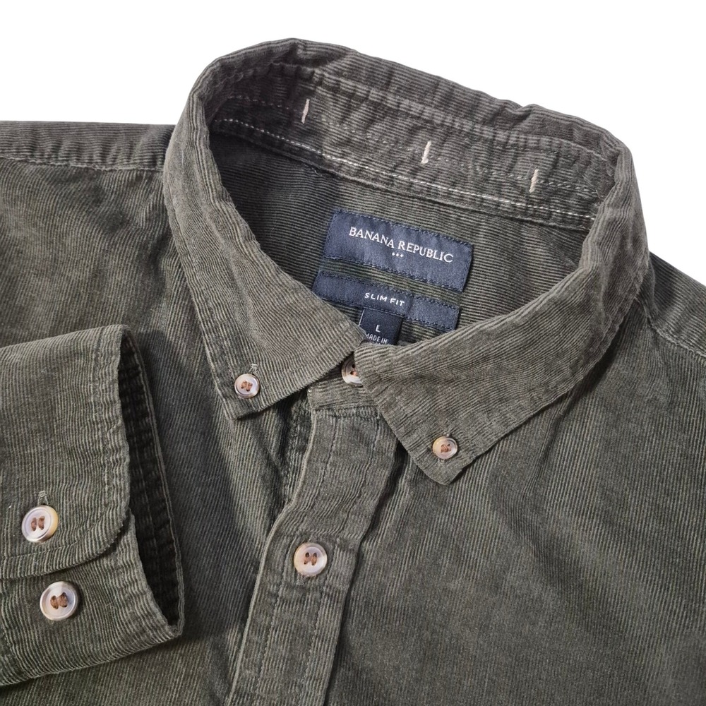 Banana Republic Shirt Men Large Slim Fit Olive Green Corduroy Button Down Casual